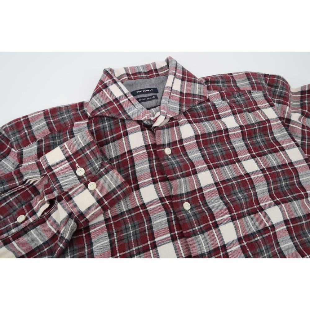 Suitsupply Men's 14.5 Canclini Cotton Flannel Gray Red Plaid Button Front‎ Shirt